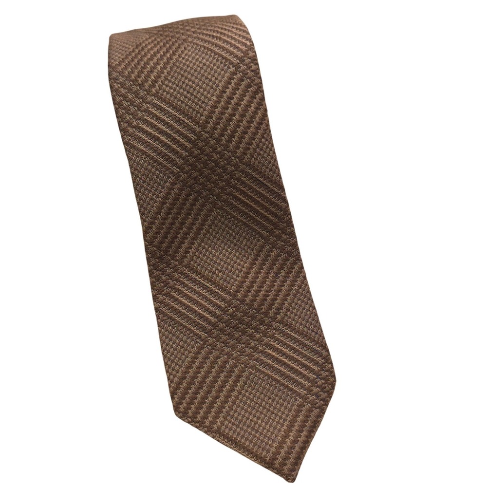 Joseph Abboud Men Brown Textured Geometric Plaid Pattern Silk Necktie Office NWT